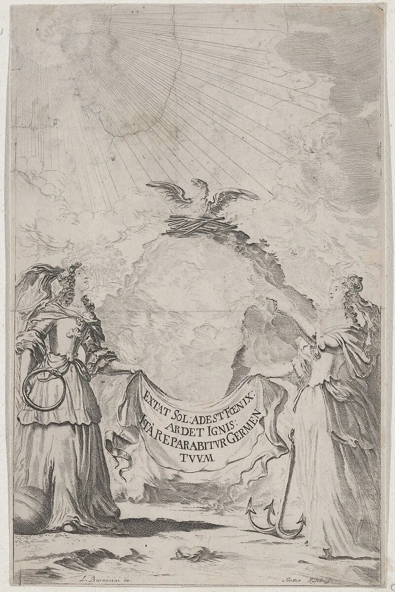 Two women holding a banner at center as a phoenix rises above; set design from 'Il Fuoco Eterno' — Mathäus Küsel|Ludovico Ottaviano Burnacini