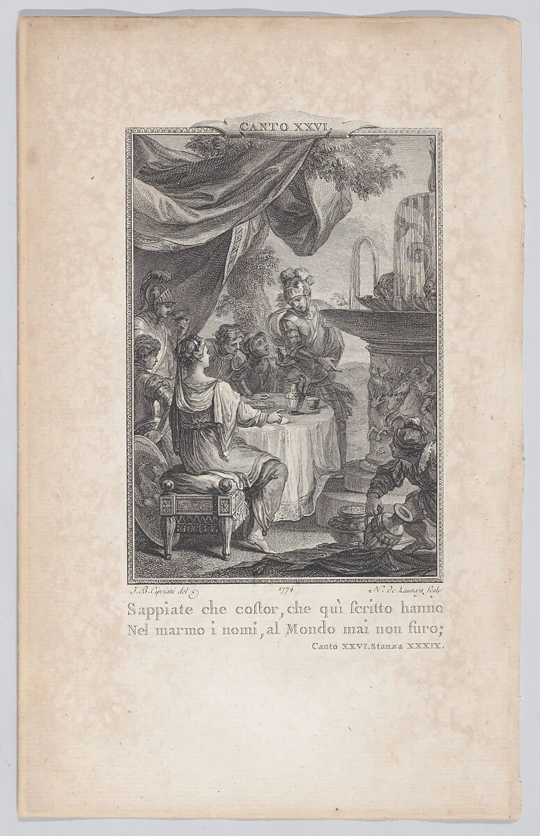 Canto 26, Stanza 39, from "Orlando Furioso" — Nicolas de Launay|G. Baskerville|Ludovico Ariosto|Giovanni Battista Cipriani