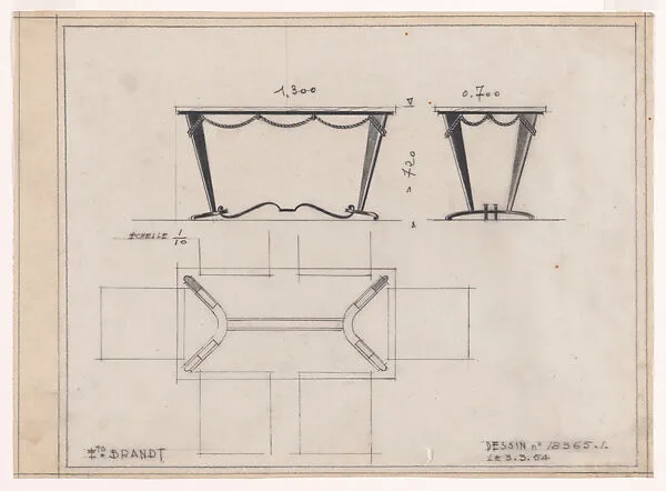 Elevation, Side View, and Plan for a Table with a Wrought-Iron Base with a Rope Motif (No. 18365.1) — Edgar Brandt