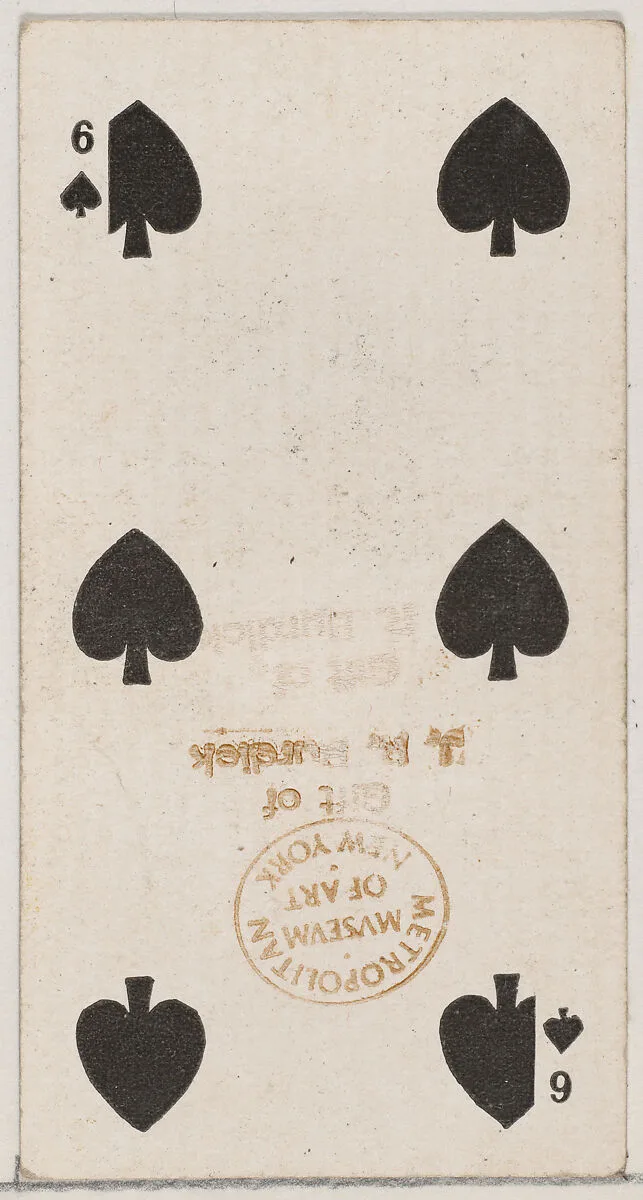Six Spades (black), from the Playing Cards series (N84) for Duke brand cigarettes — W. Duke, Sons & Co.