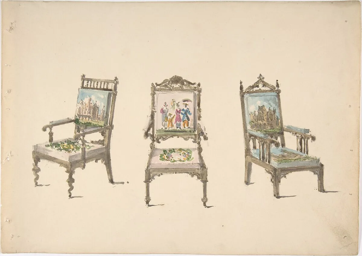 Design for Three Armchairs with Pictorial Upholstery — Anonymous, British, 19th century|Gillows