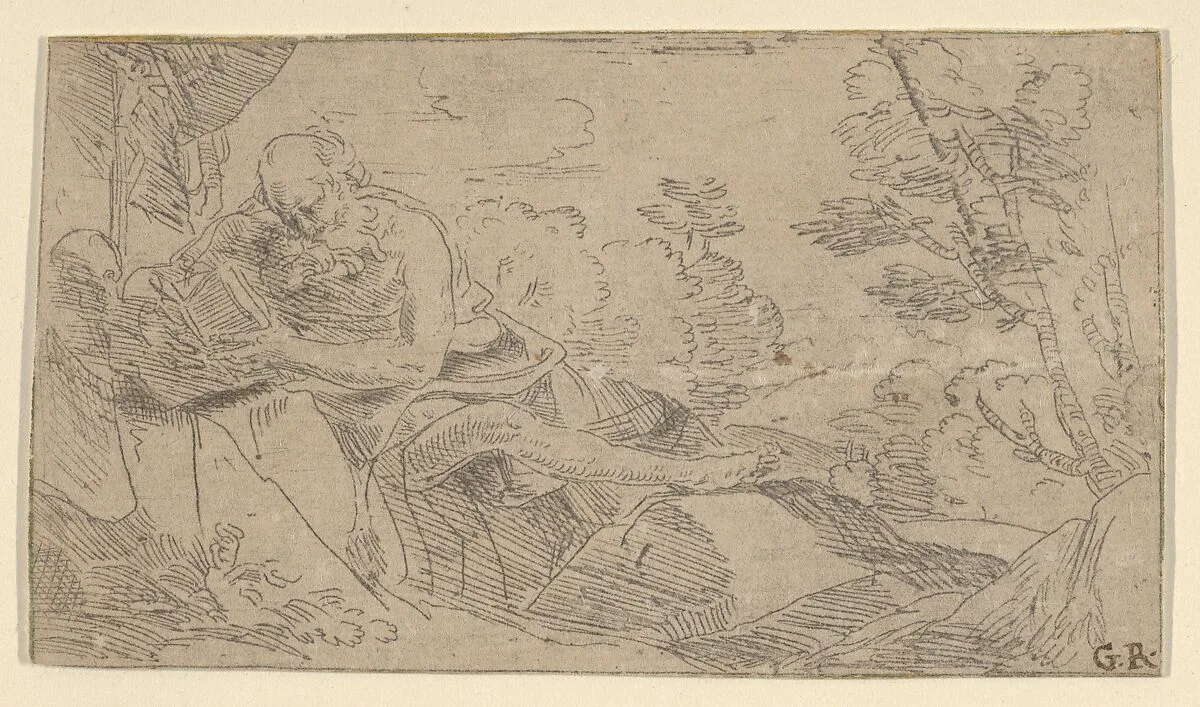 Saint Jerome seated on rocks and reading a book, a cross and a skull at left, after Reni (?) — Guido Reni|Anonymous
