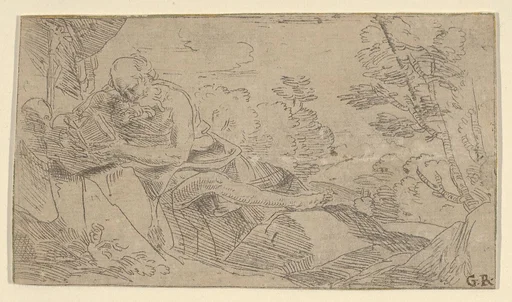 Saint Jerome seated on rocks and reading a book, a cross and a skull at left, after Reni (?)