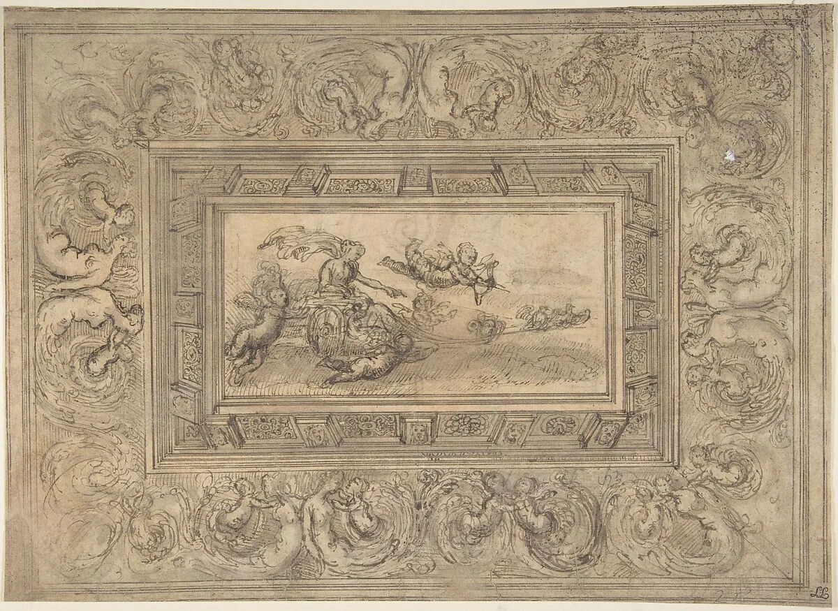 Design for a Ceiling with a Woman (Aurora?) in a Chariot and Putti (Recto). Design for an Ornamental Frieze (Verso). — Marco Angolo del Moro
