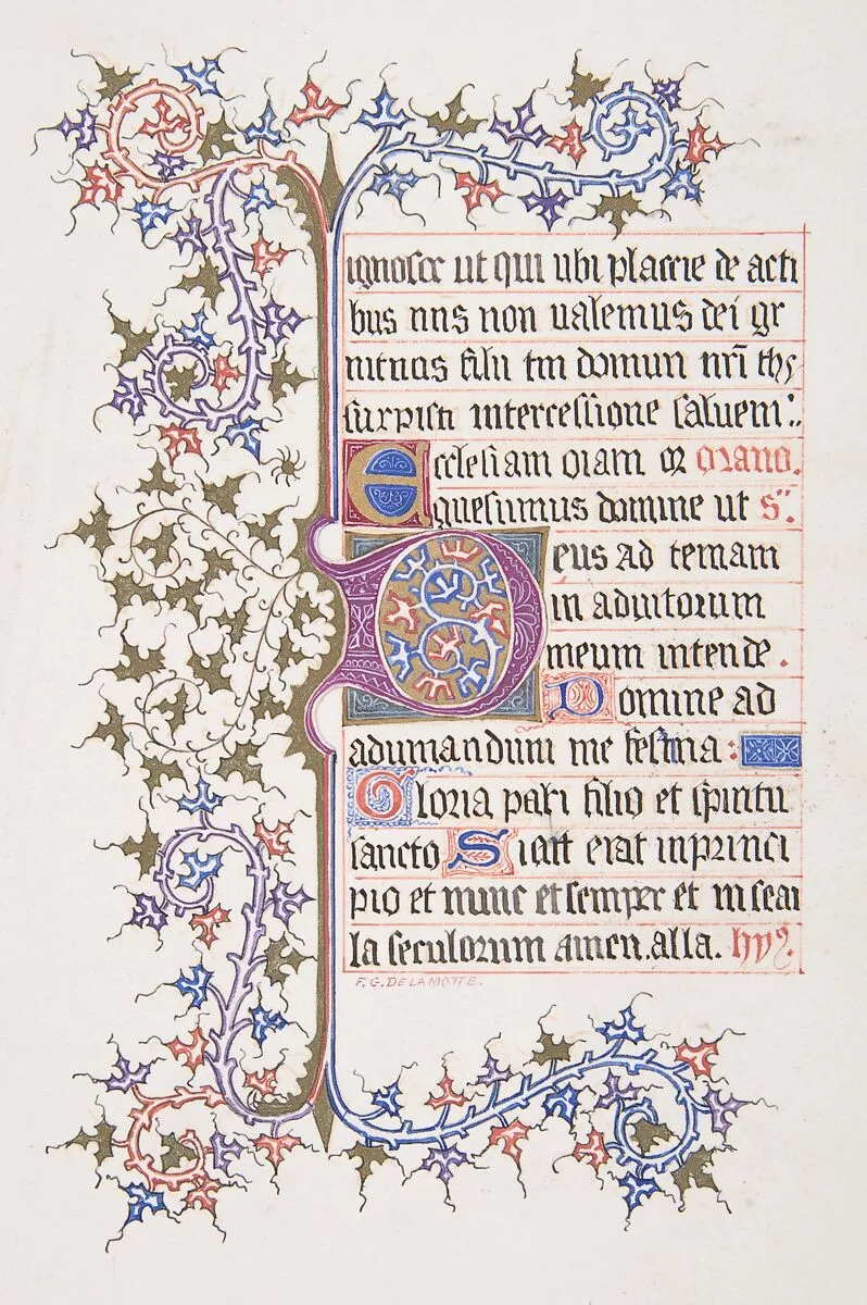 Illuminated Leaf with Initial "E" (recto); Vine Border (verso) — Freeman Gage Delamotte