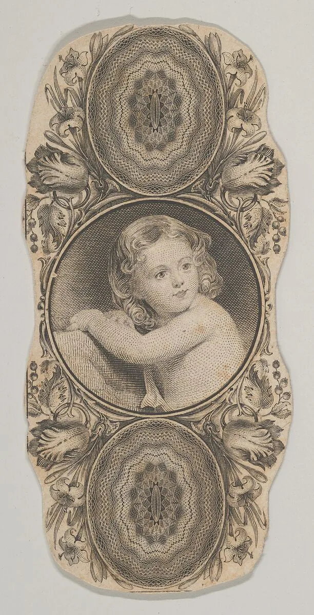 Banknote motif: a child's portrait surrounded by a floral frame — Asher Brown Durand|A. B. & C. Durand & Company|Durand, Perkins, and Company|Cyrus Durand
