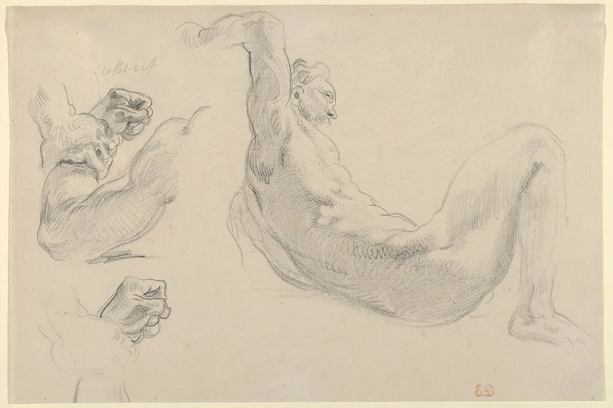 Studies of a Fallen Male Nude for "Hercules and the Horses of Diomedes" — Eugène Delacroix