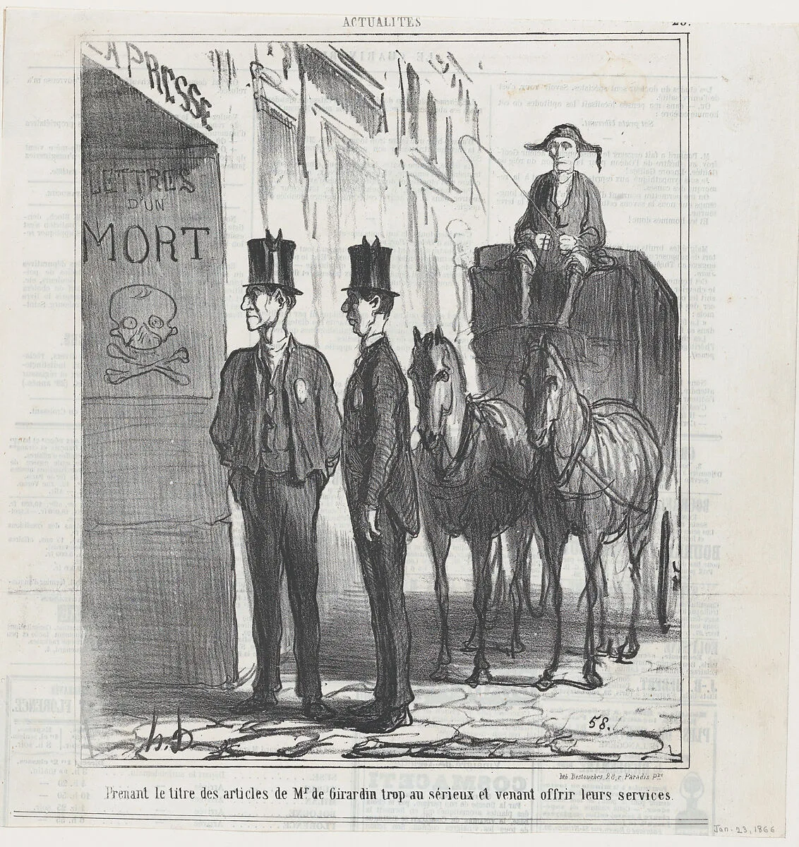 Taking the headlines of Monsieur de Girardin too seriously and coming to offer their services, from 'News of the day,' published in Le Charivari, January 23, 1866 — Honoré Daumier|Arnaud de Vresse|Destouches