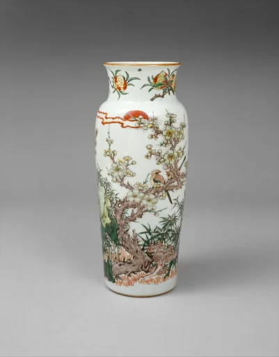 清順治 景德鎮窯五彩梅竹雙清筒瓶|Vase decorated with bird on flowering plum