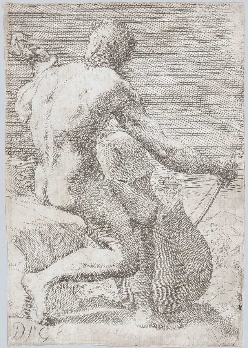 Study from behind of a naked man playing a cello, from the 'Principios para estudiar el Nobilísimo y Real arte de la Pintura' (Madrid 1693) — José García Hidalgo