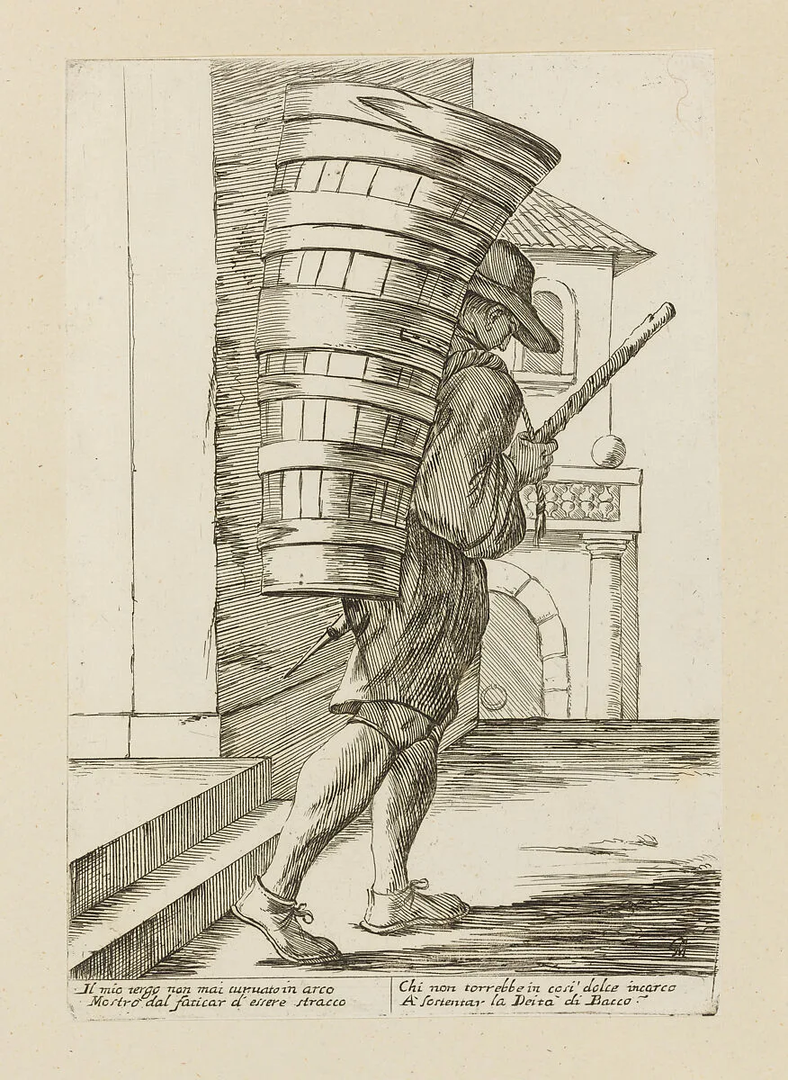 Man Carrying a Barrel of Wine, from Di Bologna l'Arti per via D'An.ibal' Ca.rac, plate 36 — Giuseppe Maria Mitelli|Annibale Carracci|Giovanni Giacomo De Rossi