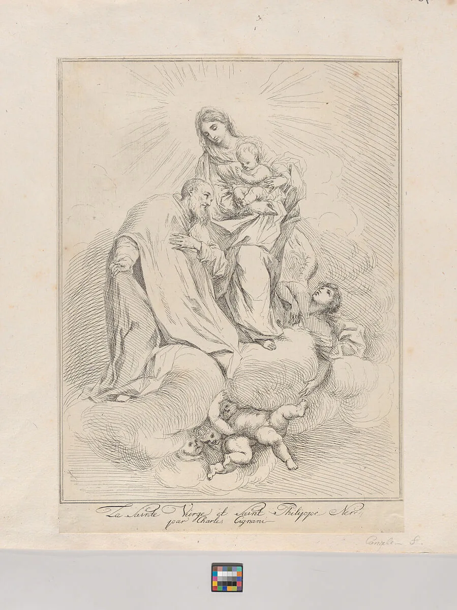 Virgin and Child seated on clouds with Saint Philip Neri at left — Giuseppe Canale|Carlo Cignani