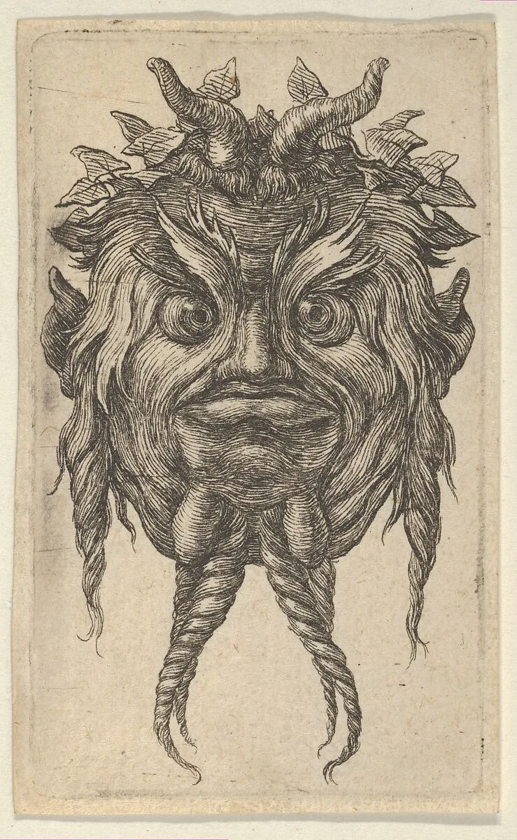 Satyr Mask with Horns and a Twisted Beard Wearing an Ivy Wreath, from Divers Masques — François Chauveau|Jacques Van Merlen