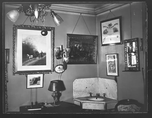 [Interior with Pictures on Wall and Sink in Corner, Storrs House, Hartford, Connecticut]