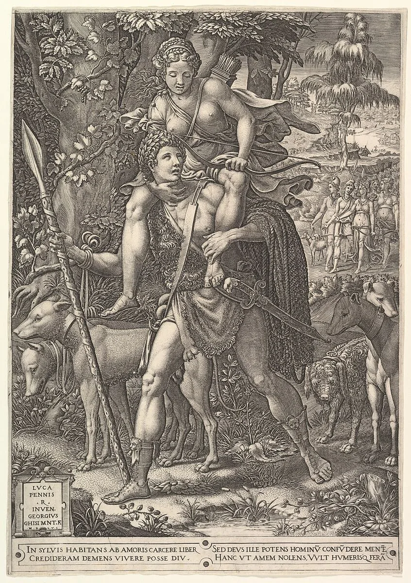 Allegory of the Hunt; a hunter holding a large spear carrying a woman (Diana?) on his shoulders; five hunting dogs in the foreground and a retinue of male and female hunters in the background — Giorgio Ghisi|Luca Penni