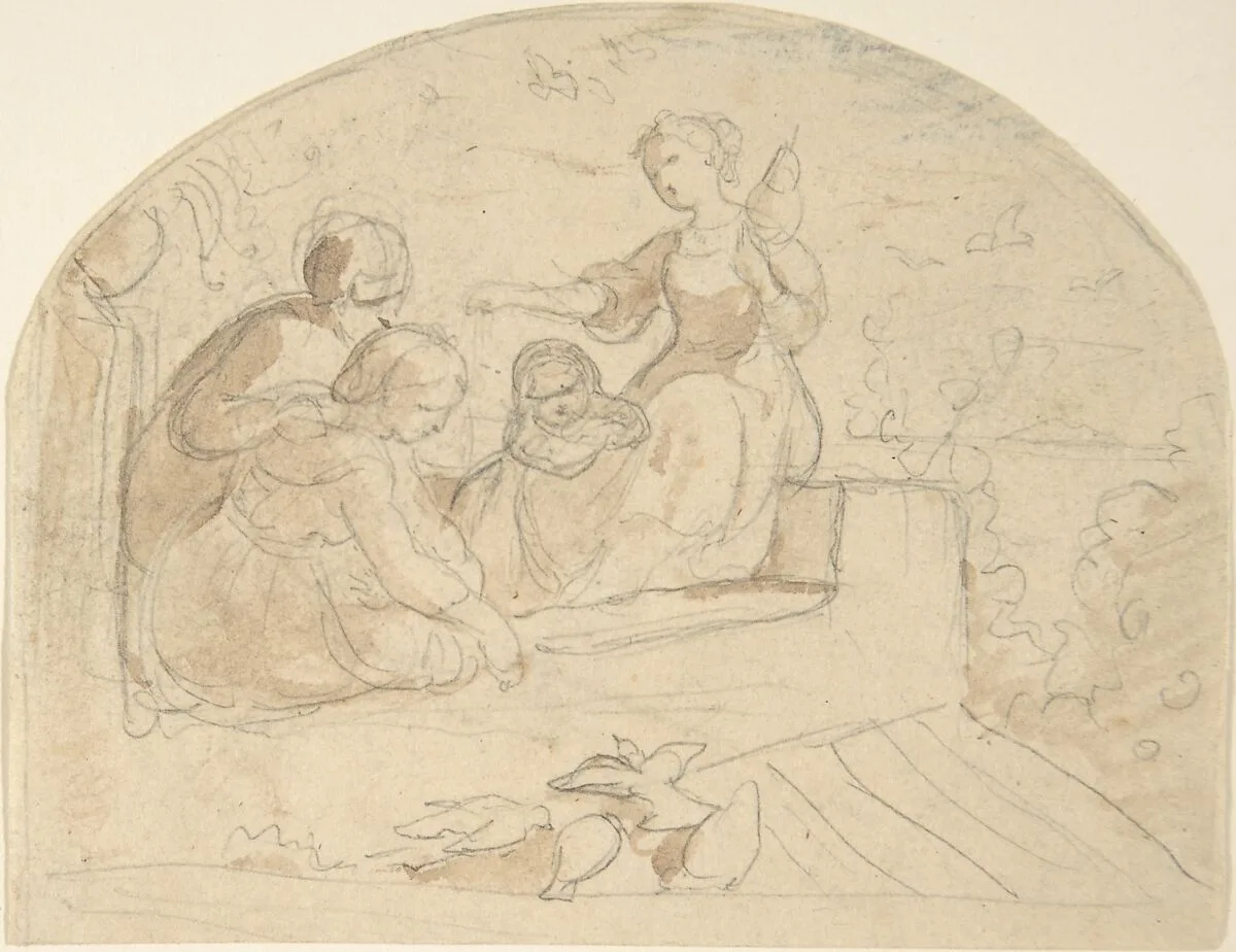Three Women and a Child on a Roof — Adrian Ludwig Richter