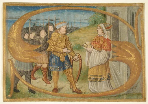 Manuscript Leaf Cutting Probably from a Missal with an Illuminated Initial S and King David Receiving the Holy Bread from Ahimelech the Priest.
