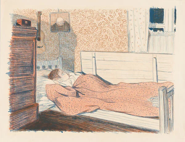 Evening, a bedroom interior with child asleep in bed, from the portfolio of the Swedish Fine Art Print Society (Föreningen för Grafisk Konst) — Roland Svensson|Föreningen för Grafisk Konst