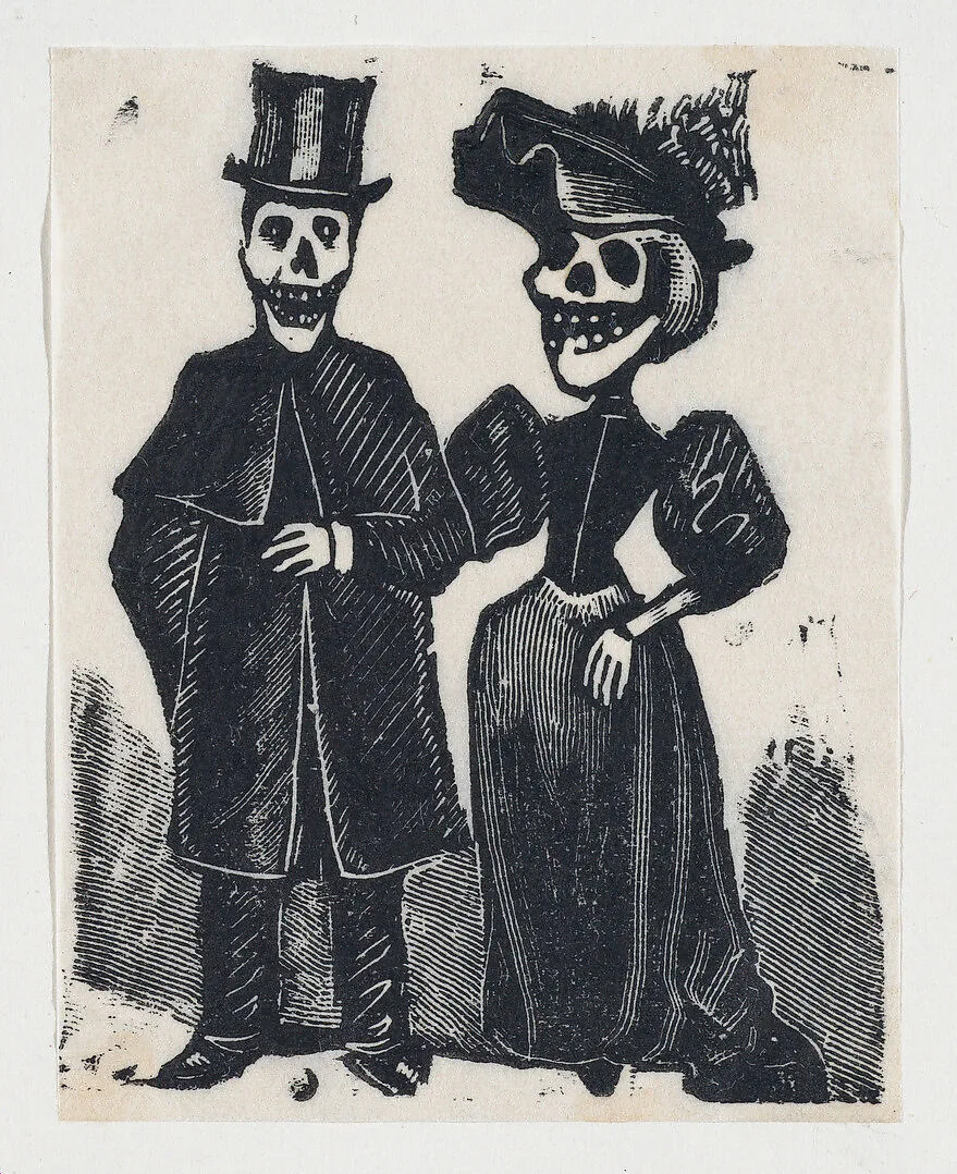 Elegantly dressed male and female skeletons arm in arm (vignette for the feast of the dead) — José Guadalupe Posada