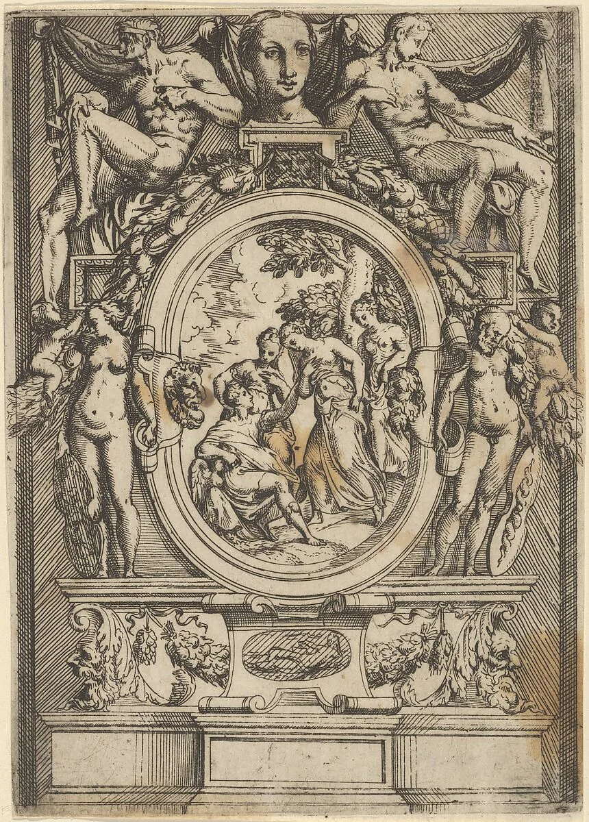 The Judgment of Paris; man seated at left reaches out to a woman who is flanked by two others, set within an elaborate frame — Andrea Schiavone (Andrea Meldola)|Battista Angolo del Moro|Jacques Androuet Du Cerceau
