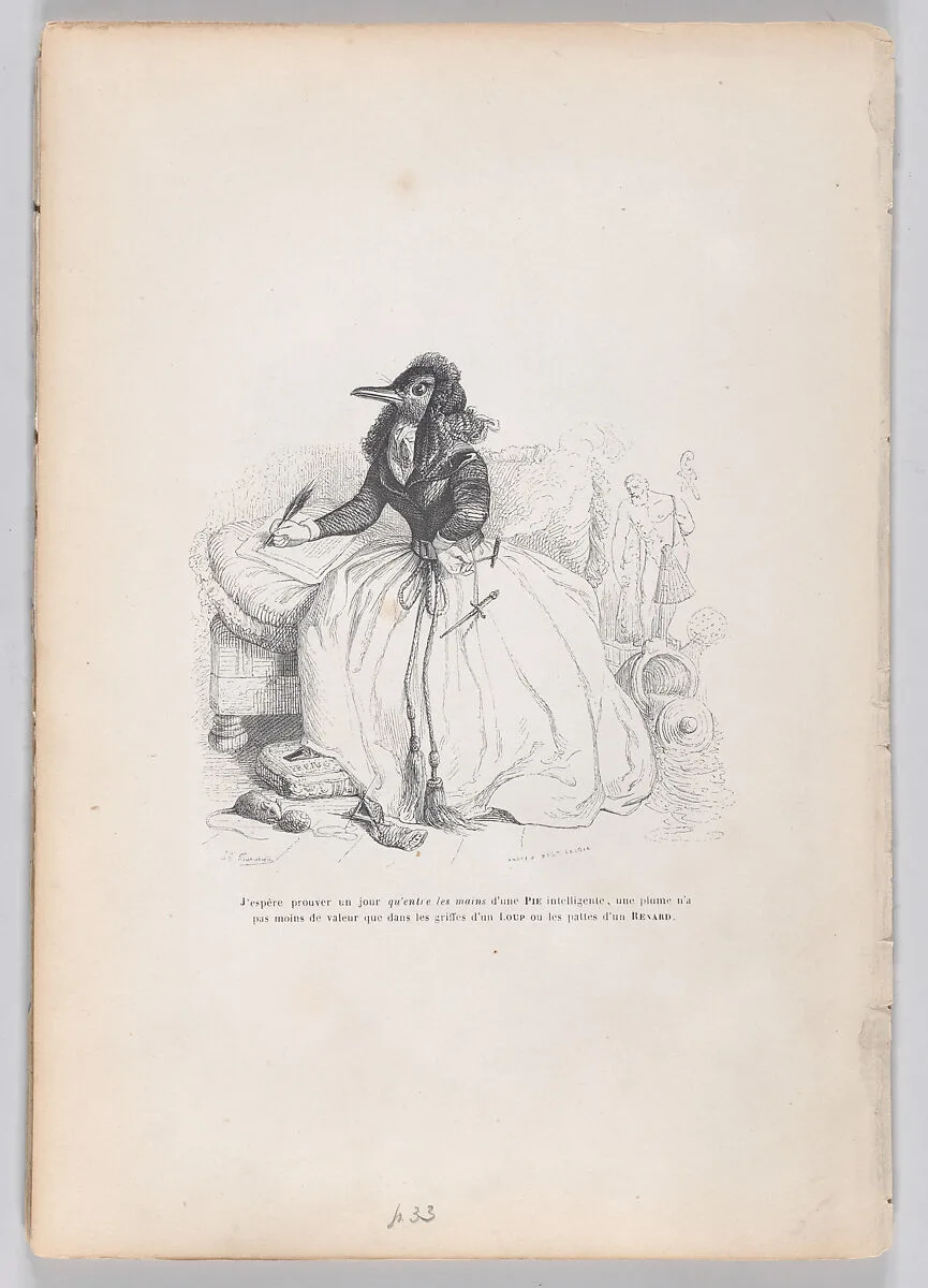 "I hope to prove one day that in the hands of a magpie, a feather is no less valuable than in the claws of a wolf or the legs of a fox " from Scenes from the Private and Public Life of Animals — Honoré de Balzac|Andrew Best Leloir|J. J. Grandville