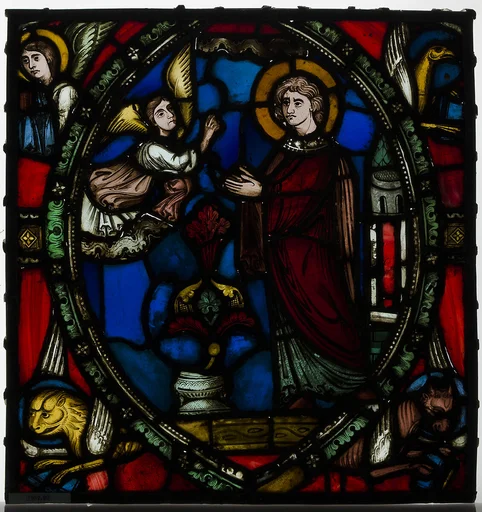 Stained glass fragment with an Angel Appearing to a Deacon Saint with the Symbols of the Four Evangelists