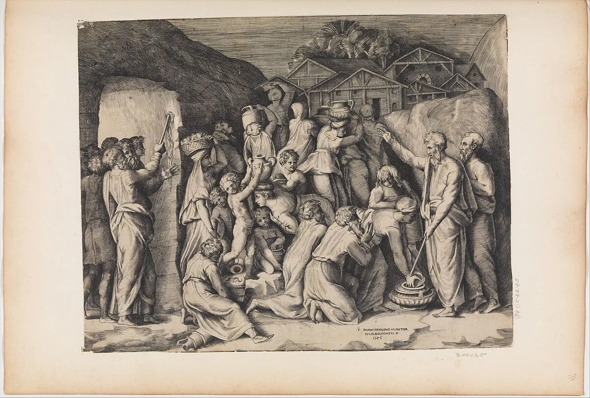 Moses Telling the Israelites to Gather Manna and Moses Striking the Rock — Giulio Bonasone