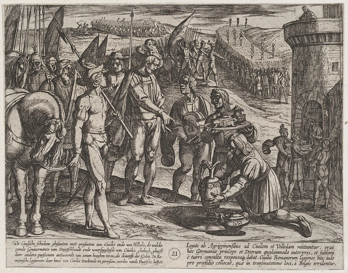 Plate 21: Envoys from Cologne Bring Presents to Civilis, from The War of the Romans Against the Batavians (Romanorvm et Batavorvm societas) — Antonio Tempesta|Otto van Veen