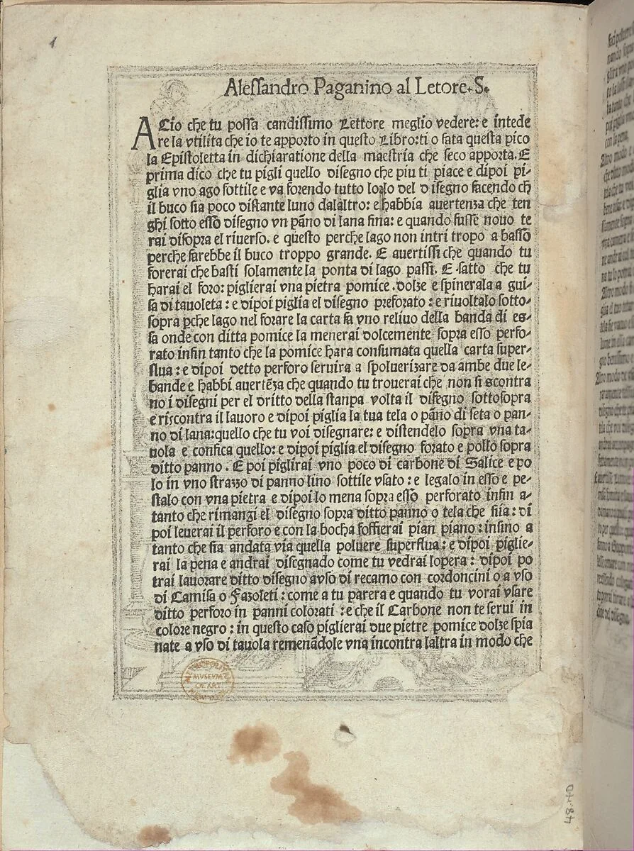 Libro quarto. De rechami per elquale se impara in diuersi modi lordine e il modo de recamare...Opera noua, title page (verso) — Alessandro Paganino