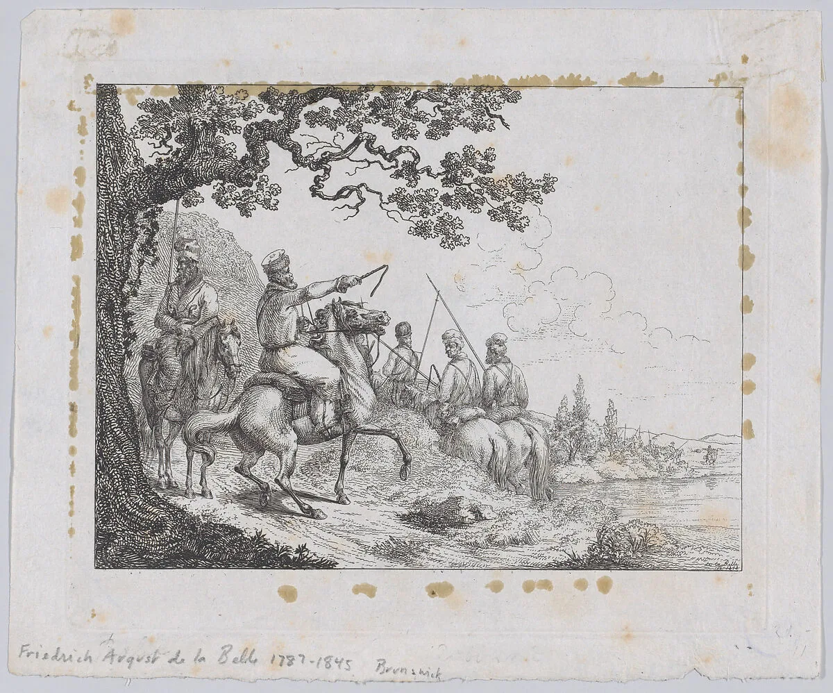 Cossacks riding along a riverbank — Friedrich August de La Belle