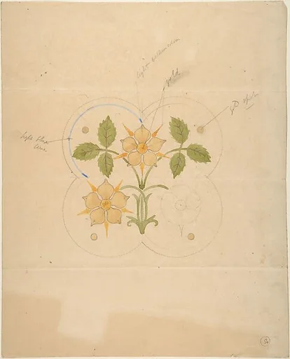 Quatrefoil Ornament with Yellow Flowers and Green Leaves