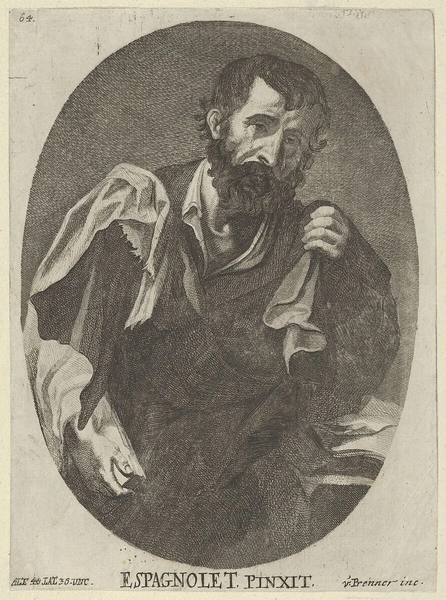 A man, possibly a scholar or philosopher, from a portfolio of reproductions of the Imperial Gallery of Paintings in Vienna; plate 64 of the series — Jusepe de Ribera (called Lo Spagnoletto)|Anton Joseph von Prenner