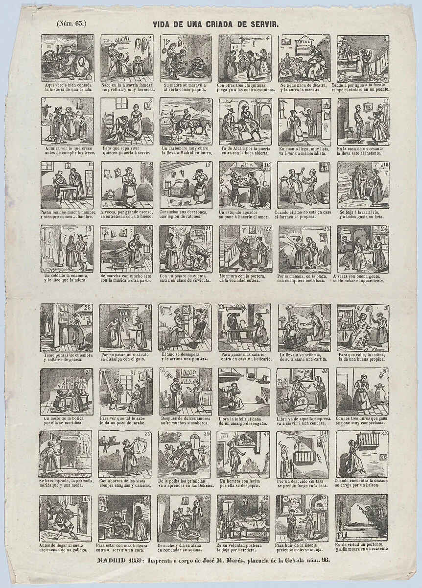 Broadside with 48 scenes depicting the life of a servant girl — José María Marés