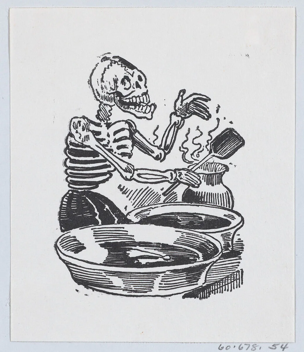 A skeleton selling hot liquid in basins, from a broadside entitled 'Una Calavera Chusca' — José Sanchez|José Guadalupe Posada
