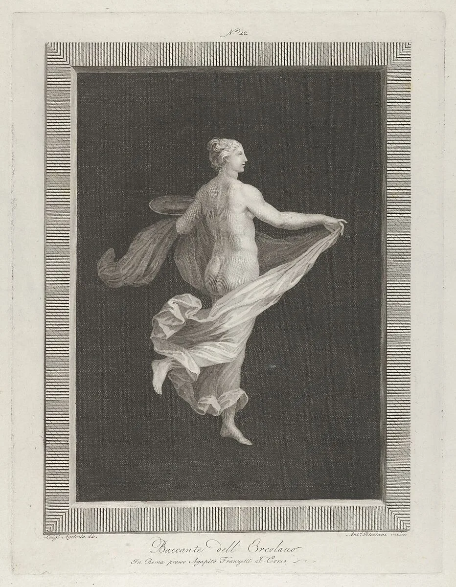 A partly naked bacchante seen from behind, facing right and holding an oval dish in her left hand, her drapery in her right, set against a black background inside a rectangular frame — Agapito Franzetti|Luigi Agricola|Antonio Ricciani