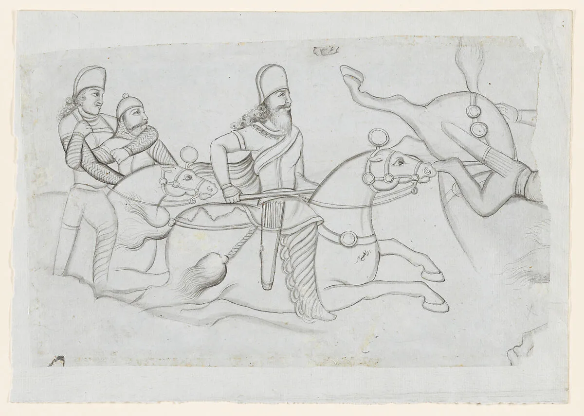 Drawing of Sasanian rock relief: battle of Ardashir I (r. A.D. 224-241) at Firuzabad, southern Iran — Lutf-'Ali Shirazi