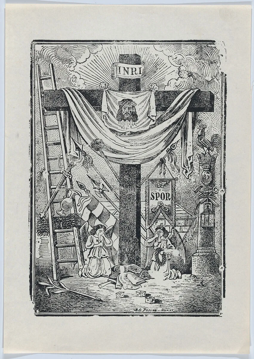 The cross decorated with instruments of the passion of Christ, two weeping angels below — José Guadalupe Posada