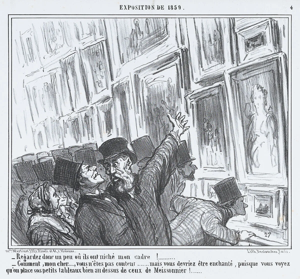Regardez donc un peu oû ils ont niché mon cadre!..., from L'Exposition de 1859, published in Le Charivari, April 20, 1859 — Aaron Martinet|Honoré Daumier|Destouches