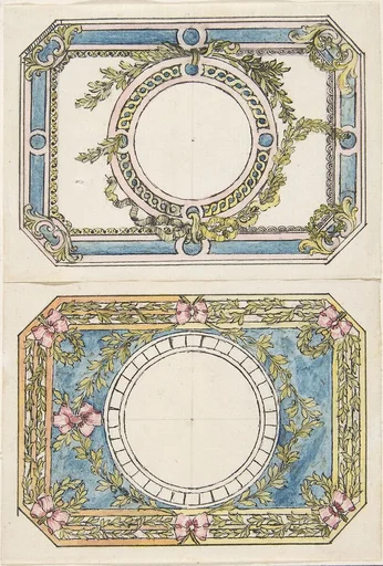 Two Separate Designs for the Top and Bottom of a Rectangular Gold Enameled Box with Canted Corners