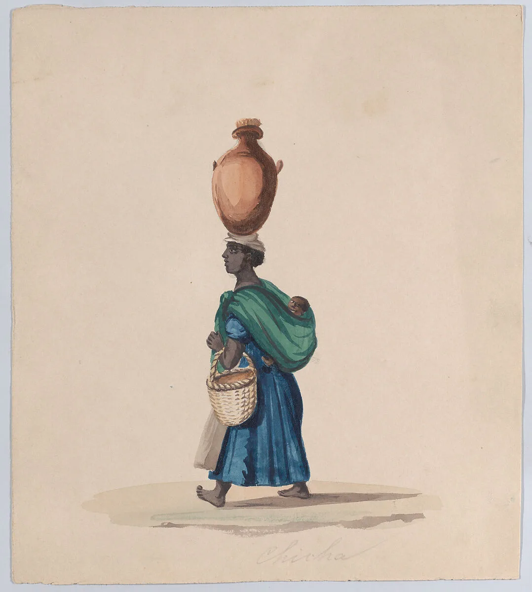 A woman carrying a vessel on her head and a child on her back, from a group of drawings depicting Peruvian dress — Francisco (Pancho) Fierro