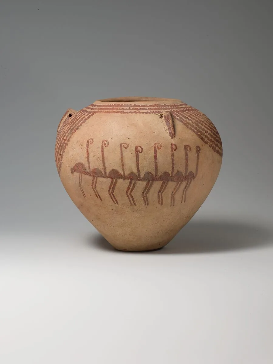 Decoratred ware jar depicting rows of flamingos — Unknown
