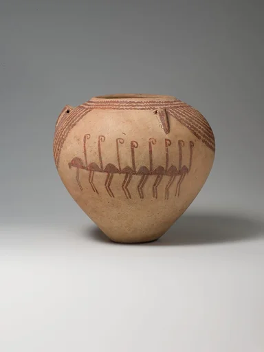 Decoratred ware jar depicting rows of flamingos