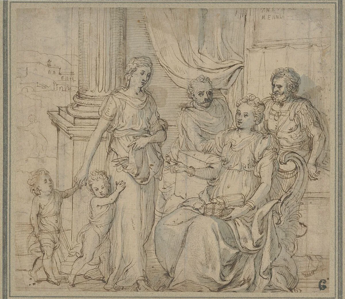 Cornelia, Mother of the Gracchi, Pointing to her Children as her Most Precious Ornaments — Crispijn van den Broeck|Gillis Mostaert the Elder|Lambert Lombard