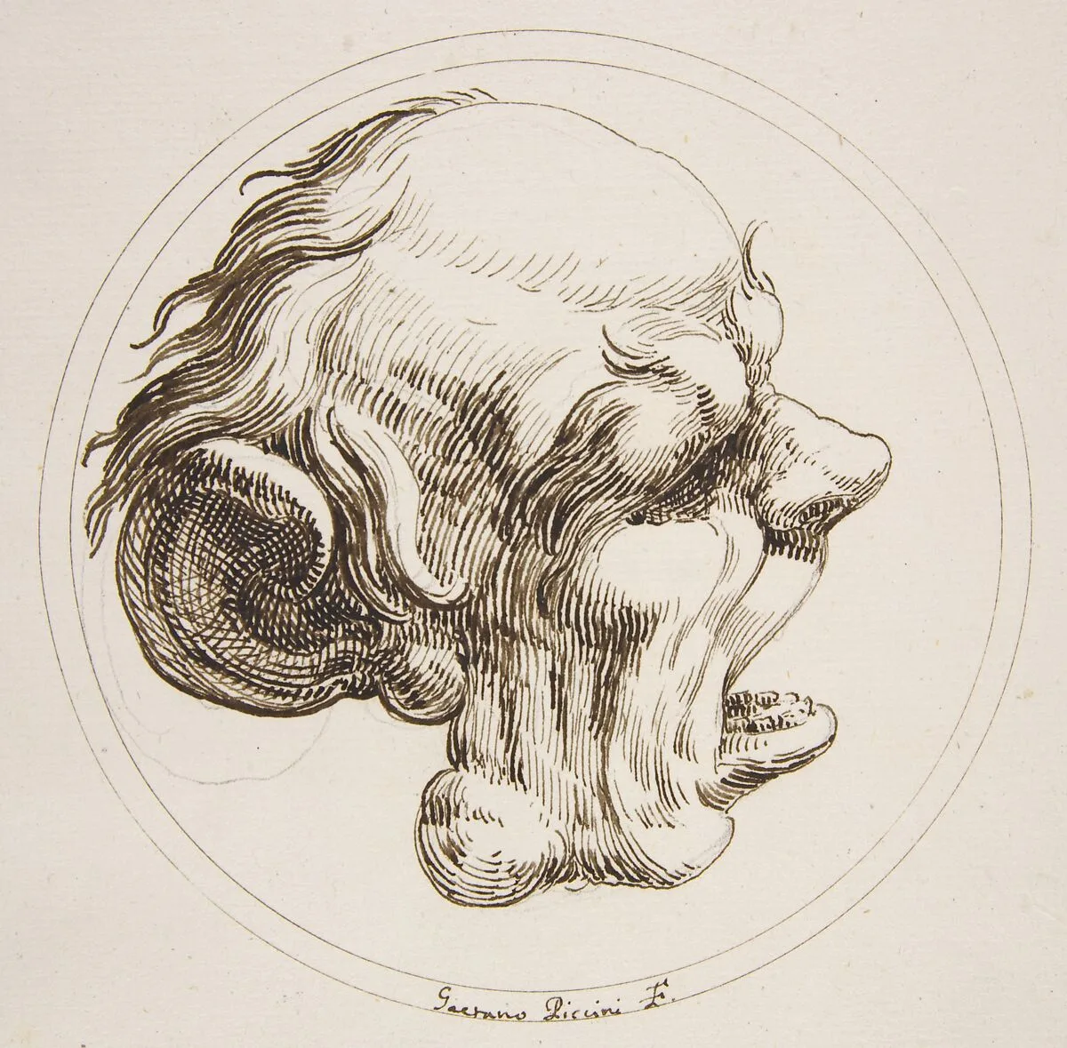 Grotesque Head With a Large Ear and an Open Mouth Looking to the Right Within a Circle — Gaetano Piccini