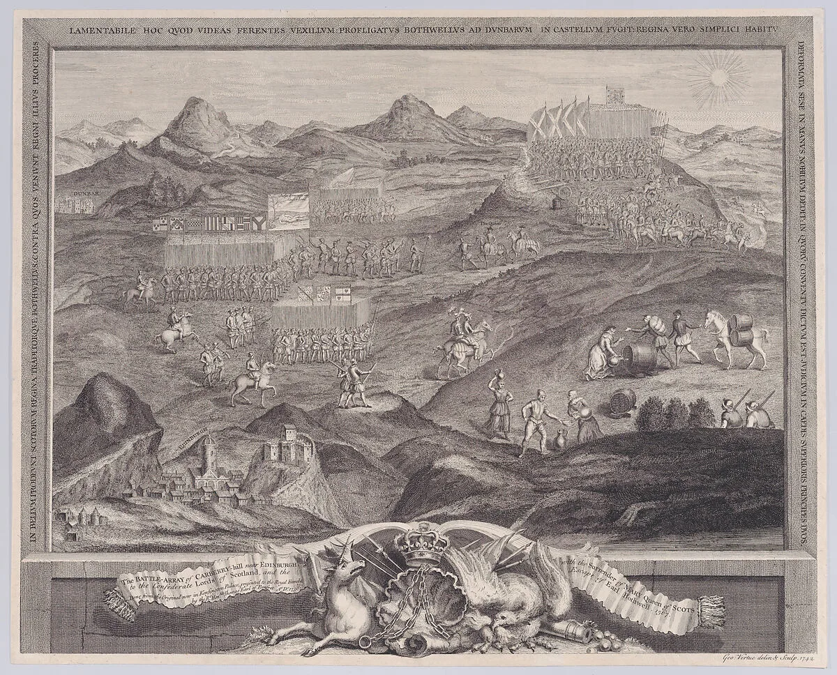 The Battle-Array of Carberry-hill near Edinburgh with the Surrender of Mary Queen of Scots to the Confederate Lords of Scotland, and the Escape of Earl Bothwell — Mary, Queen of Scots|George Vertue|John Oliver|Livinus de Vogelaare|Robert Peake the Elder