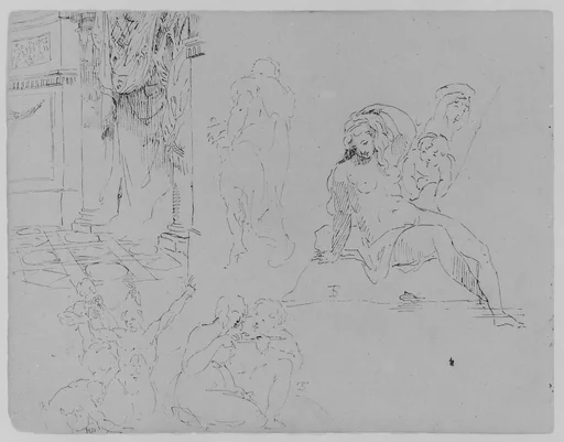 Doric Rotunda Interior with Curtains; Four Figure Studies, Including a Female Nude Bather with Putti, and a Martyrdom [of St. Bartholomew?] (from Sketchbook)