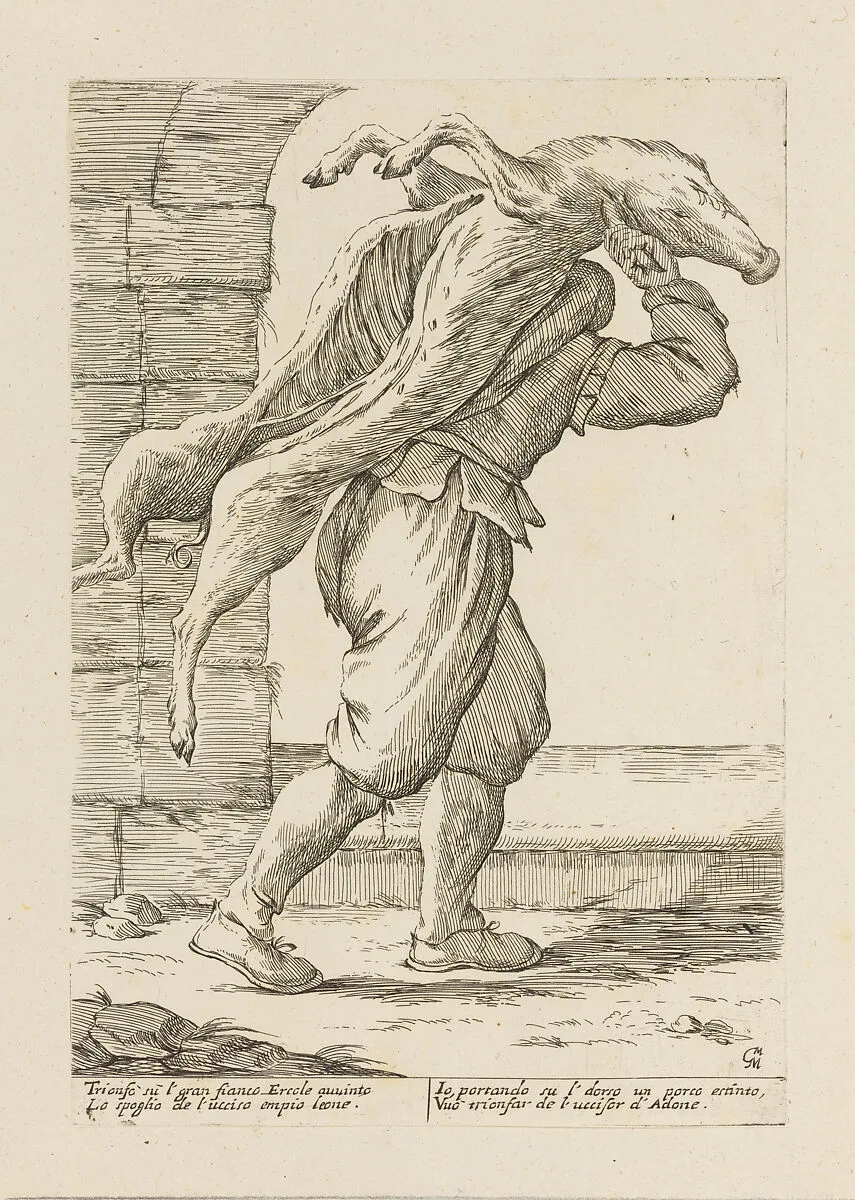 Man Carrying a Butchered Pig, from Di Bologna l'Arti per via D'An.ibal' Ca.rac, plate 21 — Giuseppe Maria Mitelli|Annibale Carracci|Giovanni Giacomo De Rossi
