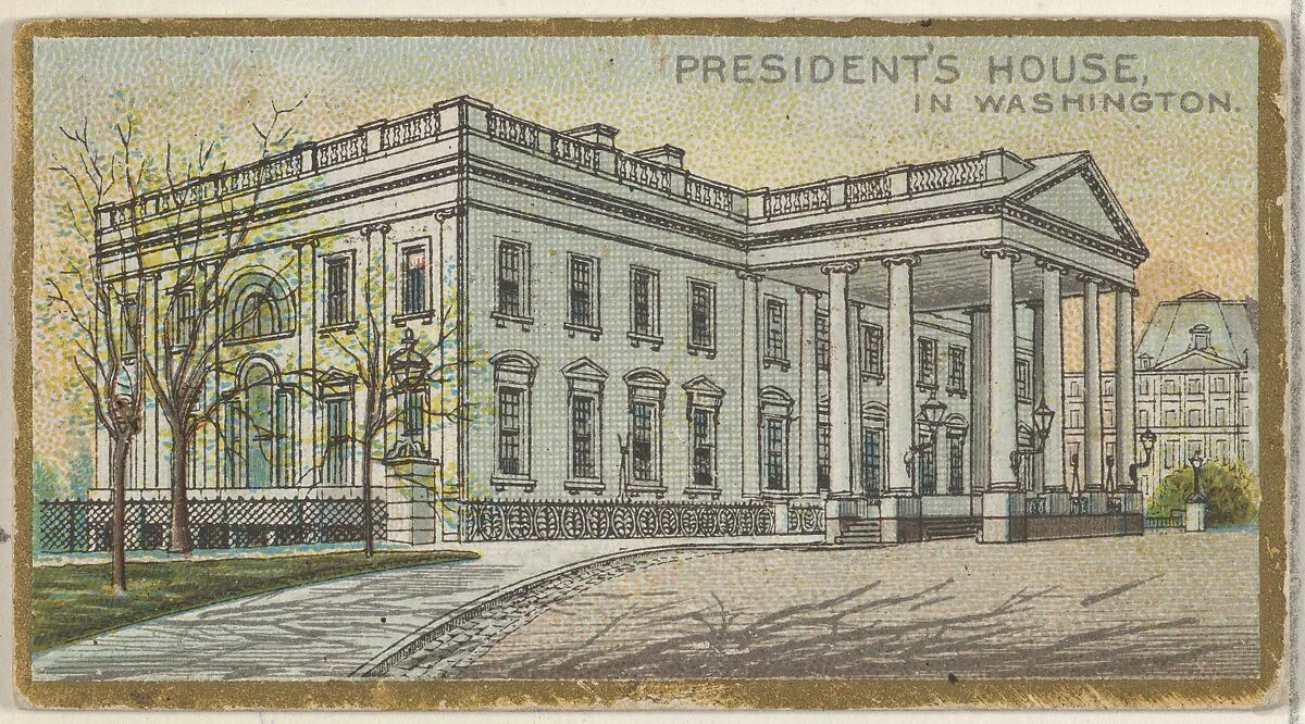 President's House in Washington, from the General Government and State Capitol Buildings series (N14) for Allen & Ginter Cigarettes Brands — The Gast Lithograph & Engraving Company|Allen & Ginter