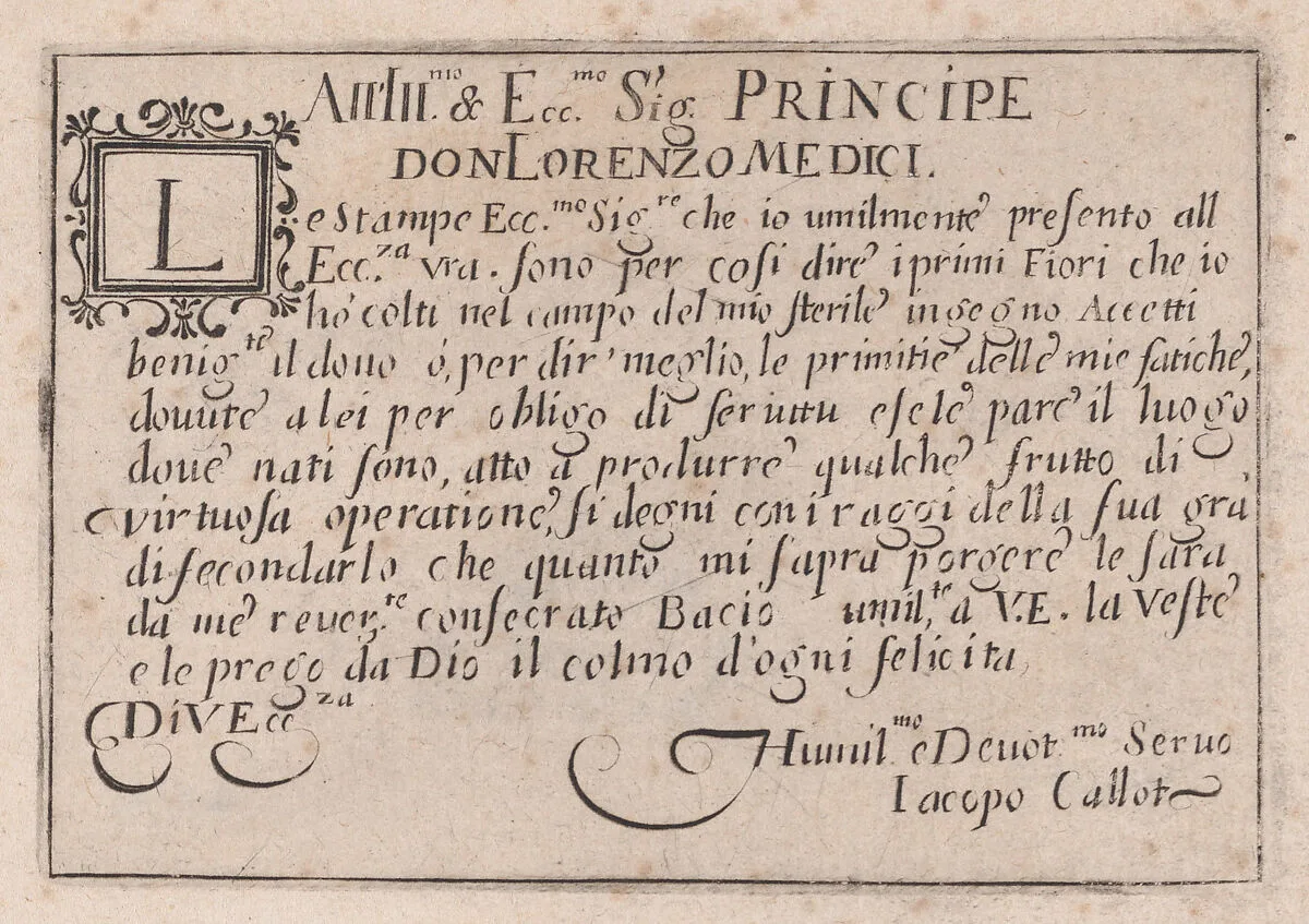 Dedication to Lorenzo de' Medici, from Les Caprices Series B, The Nancy Set — Jacques Callot|Lorenzo de' Medici