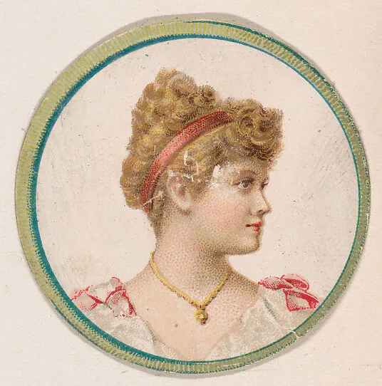 Woman wearing pink ribbon in hair, from the Novelties series (N228, Type 2) issued by Kinney Bros. — Kinney Brothers Tobacco Company